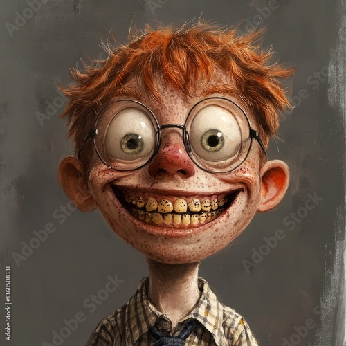 young man with distinct freckles and oversized teeth


