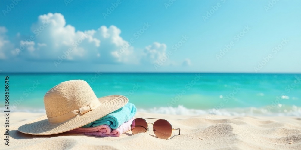 Obraz premium Summertime Relaxation Beach Hat, Towels, and Sunglasses Resting on Soft Sand by the Ocean