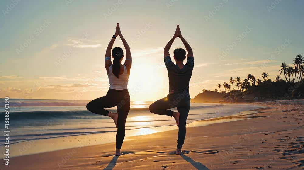 Two people practice yoga on a beach at sunset in synchronized tree pose, creating a serene and harmonious wellness scene.
