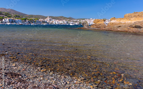Obraz na płótnie Shallow coastal water and boats facing Cadaques village in Spain w salonie