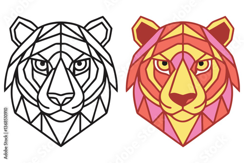 Geometric Tiger Head Low Poly Art, Coloring Page, Transparent Background