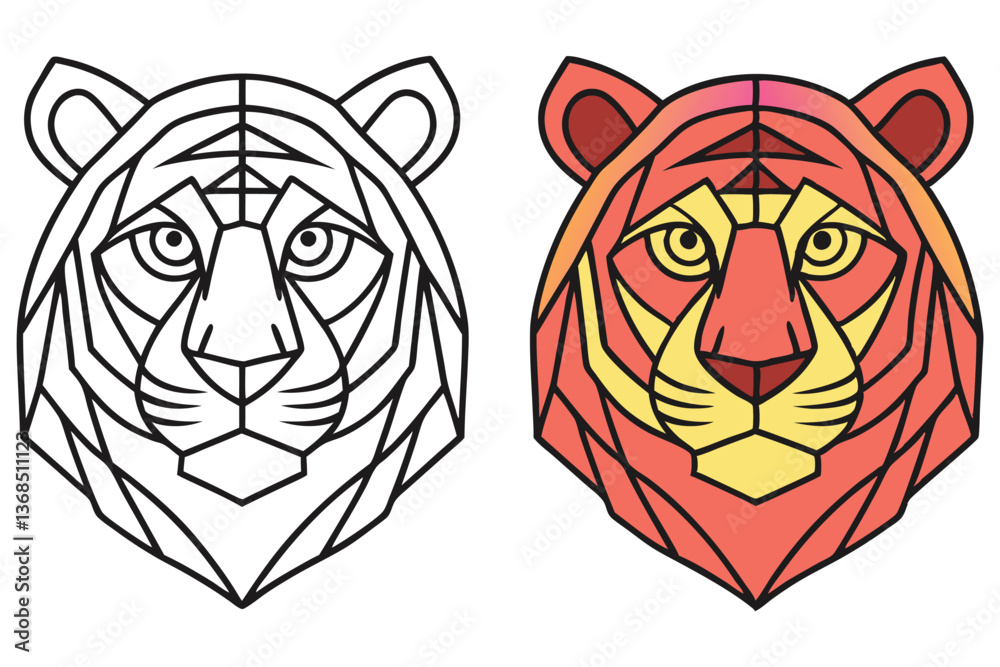 Fototapeta premium Geometric Tiger Head Outline and Colored Version with Transparent Background