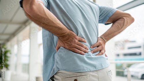 Middle Age Man Experiencing Back Pain, Herniated disc, sciatica, lumbar strain, degenerative disc disease, spinal stenosis, spondylolisthesis, osteoarthritis, muscle spasm