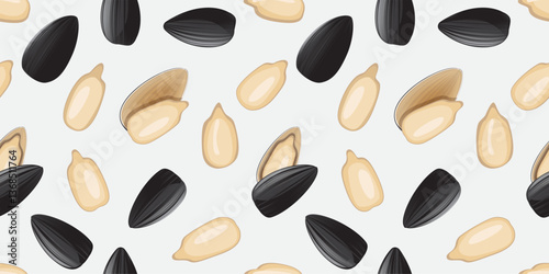 Sunflower seeds seamless pattern, peeled sun flower oil kernels vector background