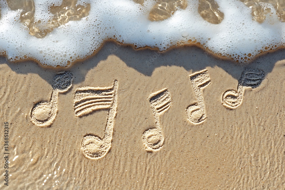 custom made wallpaper toronto digitalMusic notes etched in the sand on a beach with waves gently lapping, blending the rhythm of the ocean with the harmony of sound