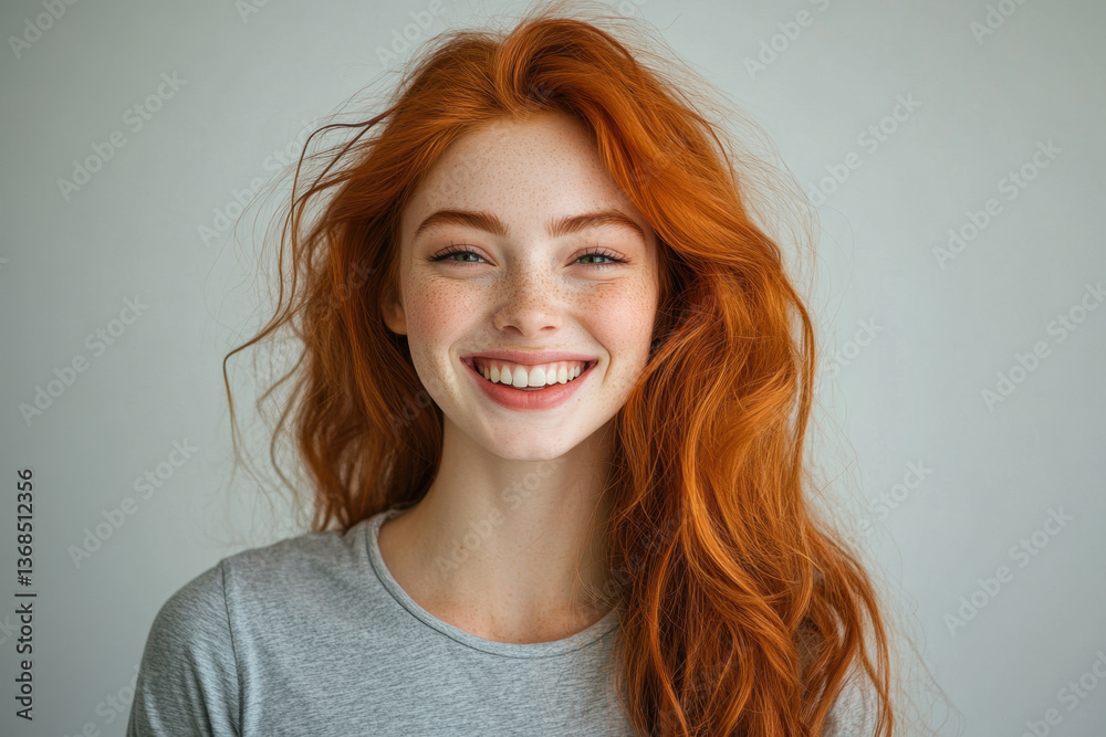 Fototapeta premium Woman with red hair smiling brightly in a field of wildflowers, sunlight filtering through trees in the background.