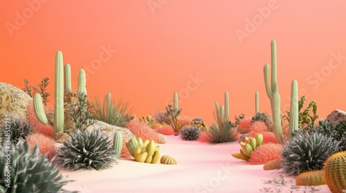 A whimsical, stylized desert landscape with various cacti and succulents.