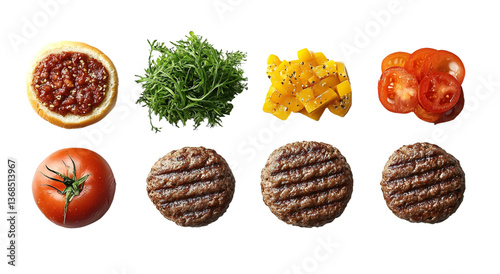 Obraz na płótnie PNG, Burger ingredients, ready burger, isolated on white background, designed and generated by AI technology. w salonie