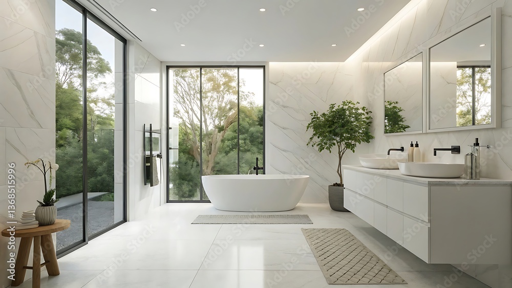 Fototapeta premium Elegant Minimalist Bathroom with Soaking Tub, Marble Walls, and Greenery Accents Creating a Spa-like Oasis.