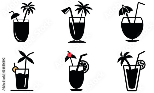 Black and white silhouettes of tropical drinks with palm trees