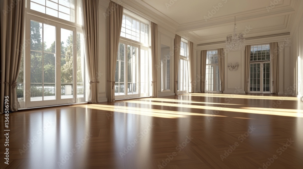 Fototapeta premium Sunlight streams through large windows onto polished hardwood floors in an elegant and spacious room during the daytime