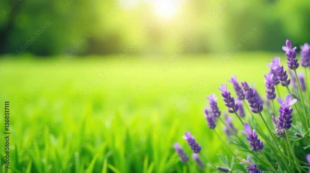 Obraz premium Serene Lavender Blossoms in a Lush Green Meadow, Bathed in Soft Sunlight