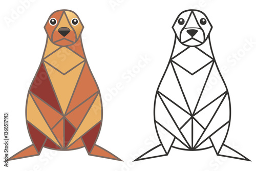 Geometric Sea Lion Color and Line Art Version on White Background