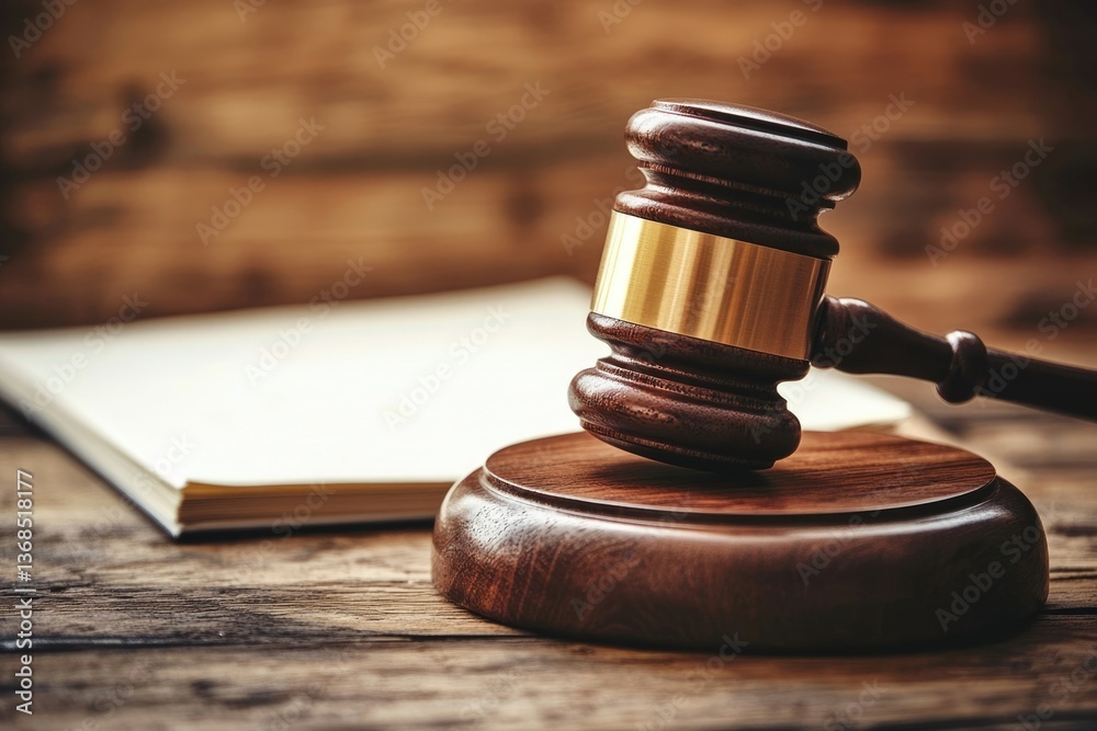 A judge's gavel rests on a wooden block, accompanied by papers, symbolizing law and justice on wood background. A judge's gavel rests on a wooden block, accompanied by papers, symbolizing law and justice on wood background.