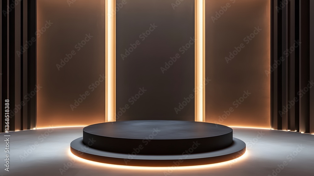 9. A modern podium with a rotating base and an empty space in the center, illuminated by soft, directional lights in a sleek showroom. 9. A modern podium with a rotating base and an empty space in the center, illuminated by soft, directional lights in a sleek showroom.