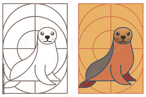 Two Panel Drawing Sea Lion in Outline and Color on Orange Background