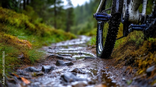 Mountain bike on a muddy trail in the woods