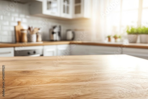 Wooden Kitchen Counter with Blurred Background and Natural Light