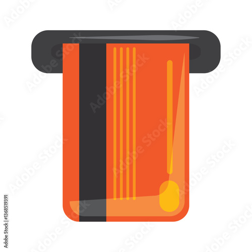 Vector illustration of an orange credit card or debit card being inserted into a dark gray card reader, symbolizing payment processing, financial transactions.