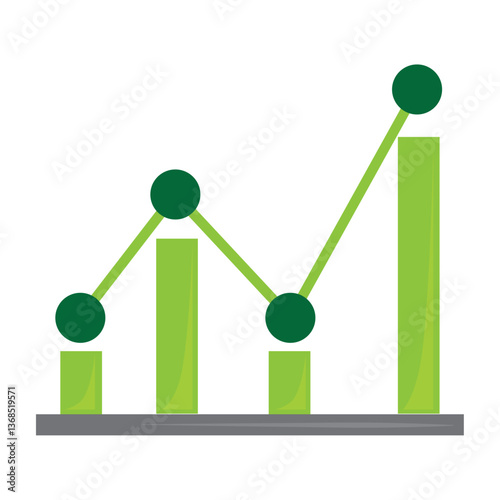 Vector illustration of a combined bar and line graph in green, showing a fluctuating trend, symbolizing financial analysis, business performance