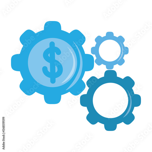 Vector illustration of interlocked blue gears, with a dollar sign embedded in one, symbolizing the mechanics of finance, investment processes, business efficiency, economic