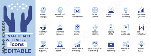 Calming mental health and wellness vector set perfect for therapy, mindfulness, and wellness branding High quality and editable