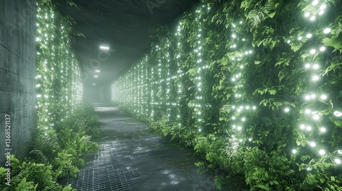 Illuminated overgrown urban tunnel, plants, lights, future, sci-fi backdrop