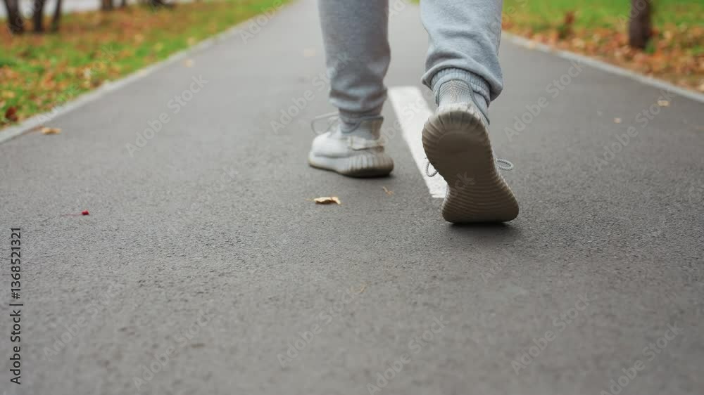 Leg view of person in sneakers and joggers walking briskly on tarred road with scattered autumn leaves as another person approaches in blurred distant background Leg view of person in sneakers and joggers walking briskly on tarred road with scattered autumn leaves as another person approaches in blurred distant background