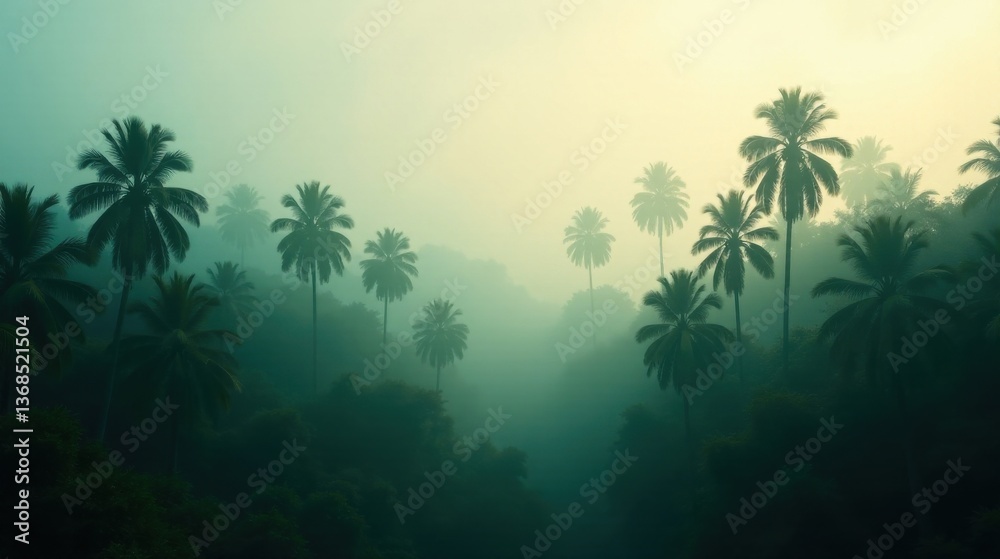 Mystical Fog Envelops Lush Tropical Palm Trees in a Serene and Tranquil Jungle Landscape Mystical Fog Envelops Lush Tropical Palm Trees in a Serene and Tranquil Jungle Landscape