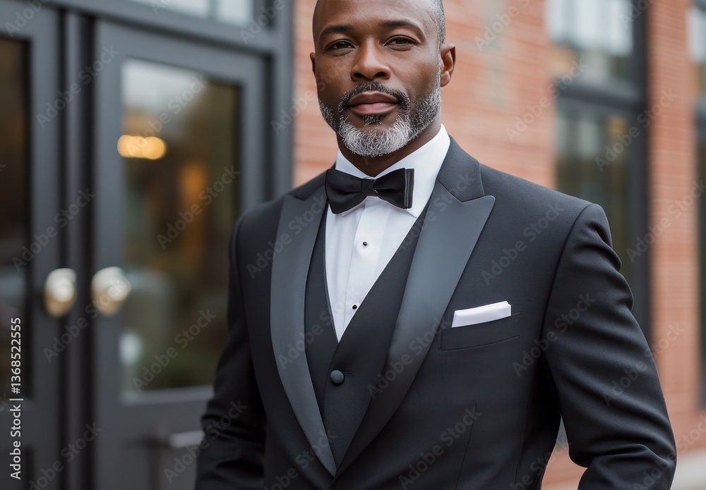 Confident Black Groom in Elegant Tuxedo for Wedding | Stylish Man in Dark Gray Suit with Bow Tie and White Shirt | Handsome African American Male in Formal Attire Standing Tall Outside Venue