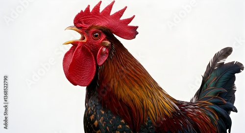 A vibrant rooster crows with its beak open displaying vivid red comb and wattle contrasting against multicolored feathers.