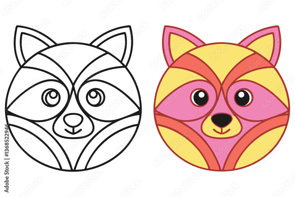 Cute Raccoon Face Cartoon with Outlined and Colored Versions Isolated Cute Raccoon Face Cartoon with Outlined and Colored Versions Isolated