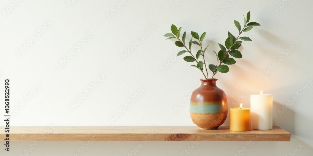 Fototapeta premium Simple Serenity A Wooden Shelf Display with Earthy Vase, Greenery, and Burning Candles