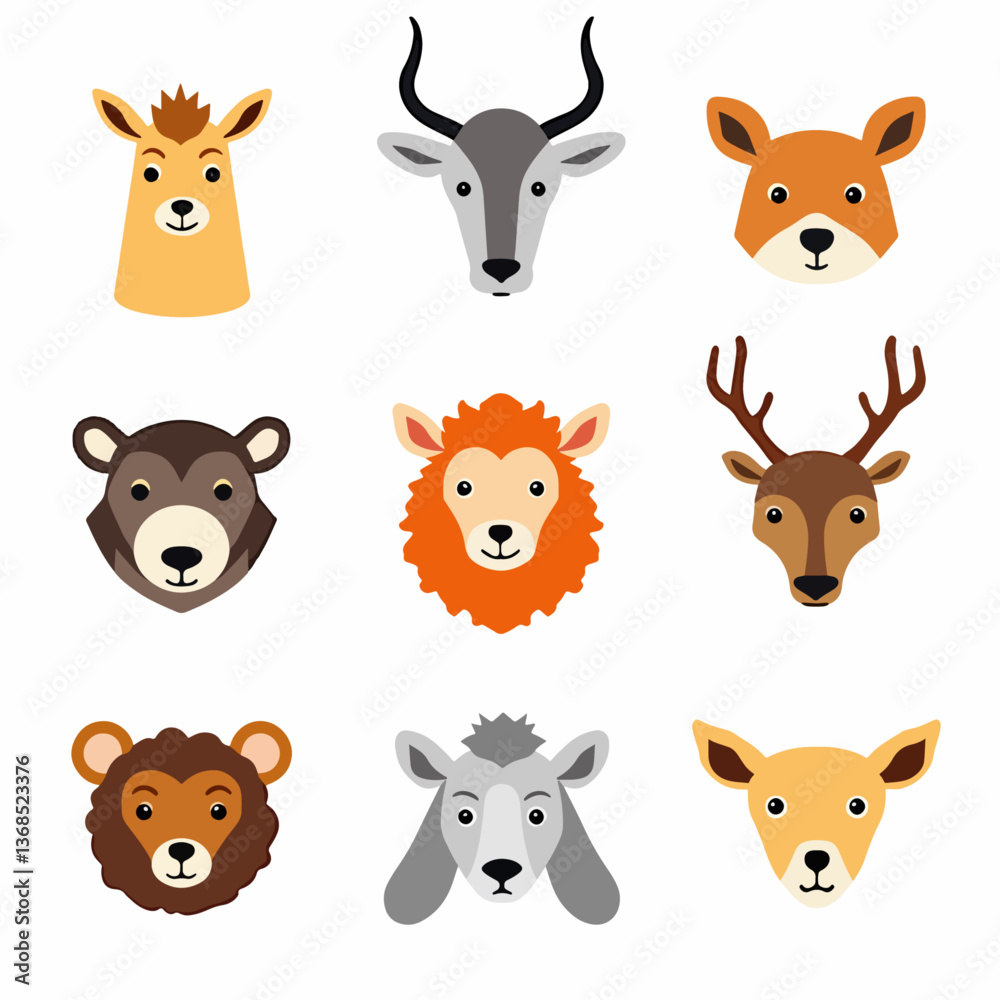 Cute wild animal faces set. Vector illustration of woodland and safari animal faces Cute wild animal faces set. Vector illustration of woodland and safari animal faces