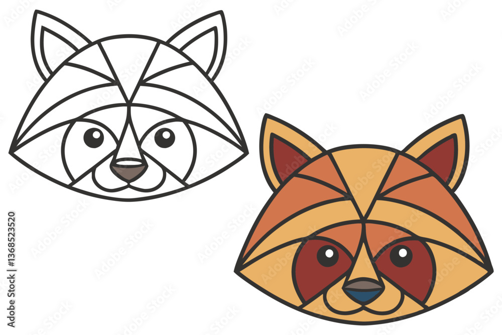 Fototapeta premium Two Raccoon Heads Art Deco Style with Transparent Background, Black Outline, Animal