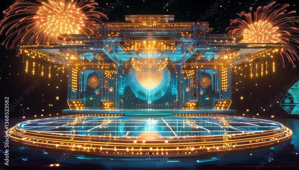 Navaratri product display background podium, Futuristic Garba Arena, glass podium, soft golden lighting, Garba dance floor, glowing light, rangoli pattern, digital fireworks, tradition, ad, podium Navaratri product display background podium, Futuristic Garba Arena, glass podium, soft golden lighting, Garba dance floor, glowing light, rangoli pattern, digital fireworks, tradition, ad, podium