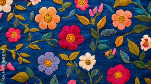 Colorful patterned fabric with floral design against blue background