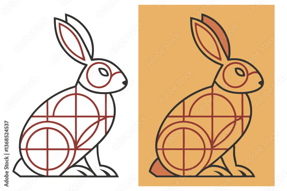 Geometric Hare Illustration, Outline Style, Earth Tone Colors, Simple Design