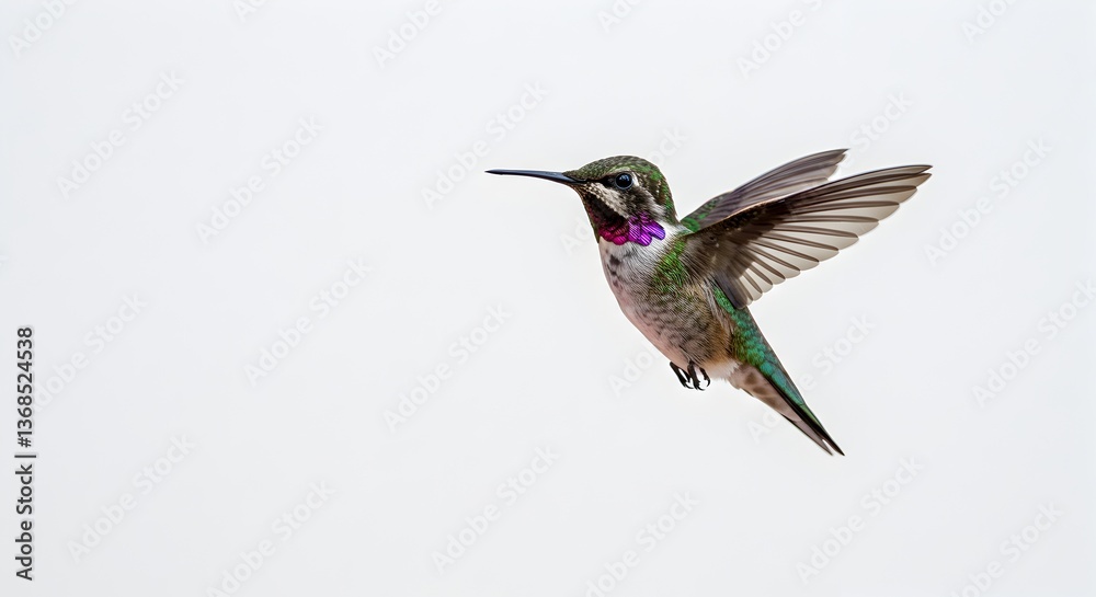 Fototapeta premium Costa's hummingbird with iridescent purple gorget hovers mid-air displaying vibrant green plumage and exquisite wing detail against a neutral backdrop.
