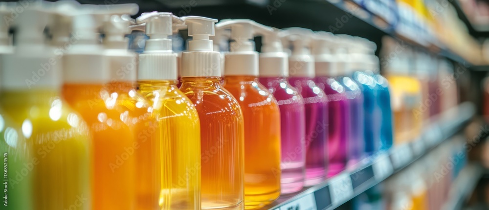 Colorful line of bottles with pump dispensers neatly arranged on a store shelf, captured in a focused shot, emphasizing vibrant hues and sleek design Colorful line of bottles with pump dispensers neatly arranged on a store shelf, captured in a focused shot, emphasizing vibrant hues and sleek design