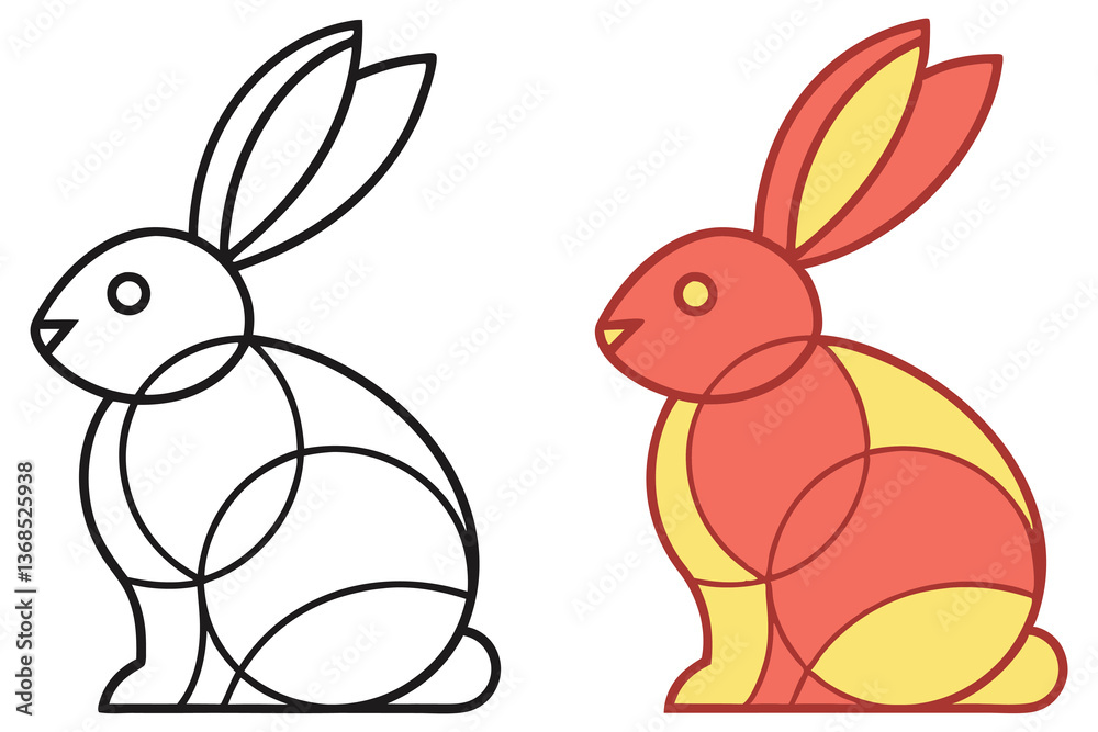 Obraz premium Two Rabbits Graphic, One Black Outline and One Pink and Yellow Color Bunny