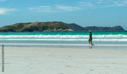 Cabo Frio beachfront, with views of the sea, mountains and Praia do Forte Fort, Rio de Janeiro, Brazil.