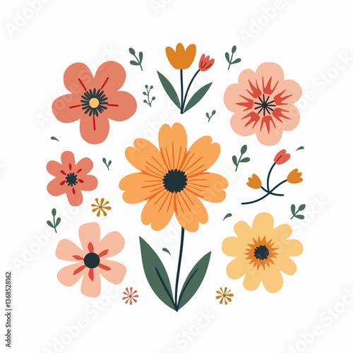 Set of floral elements. Flower and leaves Isolated On White Background