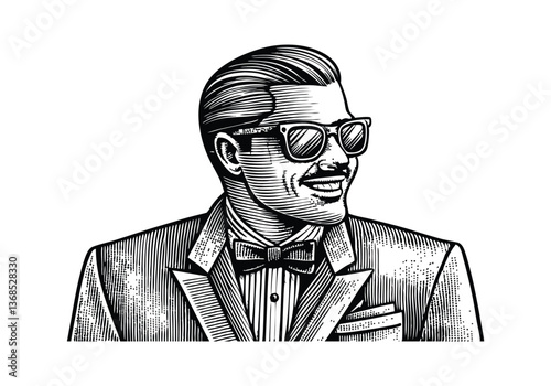 Vintage black and white portrait of a smiling gentleman in 1950s style with sunglasses, bow tie, and pinstripe suit

