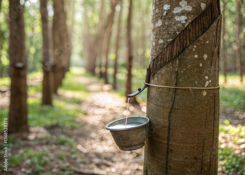Rubber Tree Sap Collection in a Tropical Forest, bird on a swing