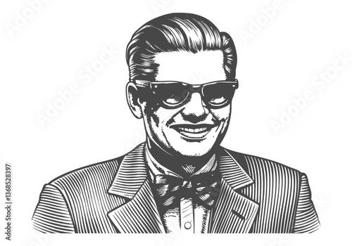 Vintage black and white portrait of a smiling gentleman in 1950s style with sunglasses, bow tie, and pinstripe suit

