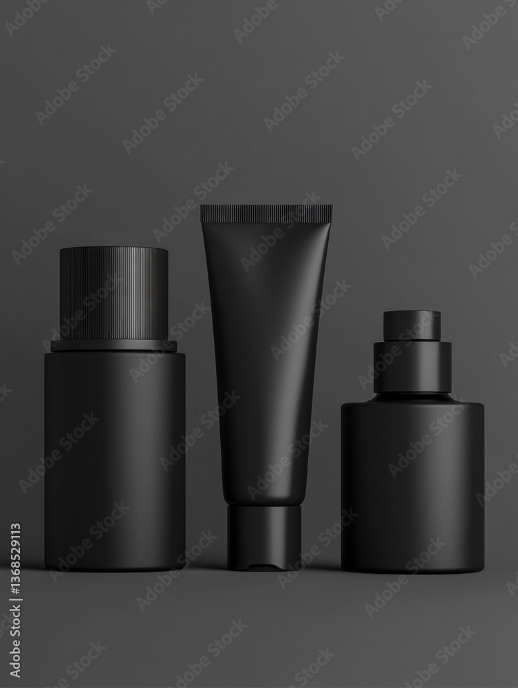Black Cosmetic Bottles and Tubes Set Against a Dark Gray Background Black Cosmetic Bottles and Tubes Set Against a Dark Gray Background