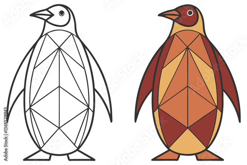 Two penguin designs, one with geometric lines, the other in earthtoned shapes