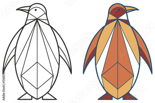 Geometric penguin line art, colored penguin, white background, modern polygonal bird