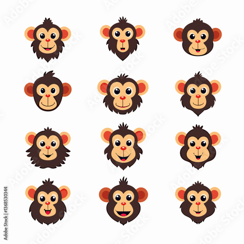 Set of cartoon fcae monkey, set of happy and surprised cartoon monkey face	